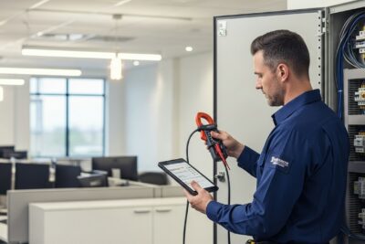 Electricista trabajando en una auditoría energética para optimizar el consumo eléctrico en Madrid