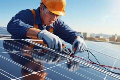Certificado de instalación fotovoltaica en Madrid 1 Electricista trabajando en la instalación fotovoltaica en Madrid