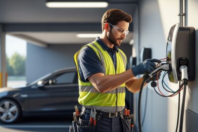 Certificado para puntos de recarga de vehículos eléctricos en Madrid 1 Electricista trabajando en la instalación de un punto de recarga de vehículos eléctricos en Madrid