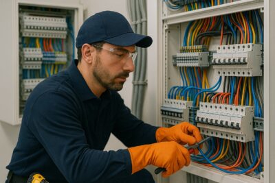Instalación de cuadros eléctricos y paneles de distribución en Madrid 1 Electricista trabajando en una instalación de cuadros eléctricos y paneles de distribución en Madrid