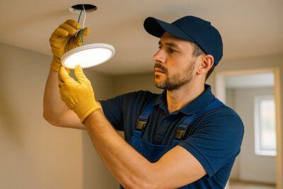 Instalación de iluminación LED eficiente en Madrid 1 Electricista trabajando en la instalación de iluminación LED eficiente en una vivienda en Madrid