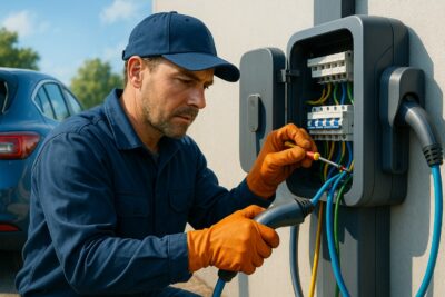 Instalación de puntos de recarga para vehículos eléctricos en Madrid 1 Electricista trabajando en la instalación de puntos de recarga para vehículos eléctricos en Madrid