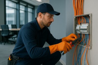 Instalación de sistemas eléctricos completos en oficinas en Madrid 1 Electricista trabajando en una instalación de sistema eléctricos completos en una oficina en Madrid