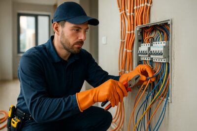 Instalación de sistemas eléctricos completos en viviendas en Madrid 1 Electricista trabajando en una instalación de sistema eléctricos completos en una vivienda en Madrid