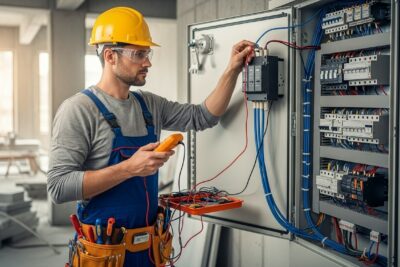 Instalación de sistemas contra sobretensiones en Madrid 1 Electricista trabajando en una instalación de sistemas contra sobretensiones en Madrid