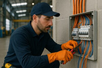 Instalación de sistemas eléctricos completos en naves industriales en Madrid 1 Electricista trabajando en una instalación de sistemas eléctricos completos en naves industriales en Madrid