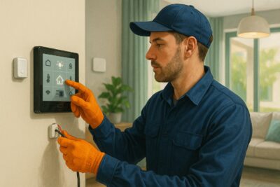 Instalaciones de domótica y automatización del hogar en Madrid 1 Electricista trabajando en la instalación de domótica y automatización del hogar en Madrid
