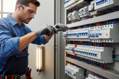 Montaje de dispositivos diferenciales y magnetotérmicos en Madrid 1 Electricista trabajando en un montaje de dispositivos diferenciales y magnetotérmicos en Madrid
