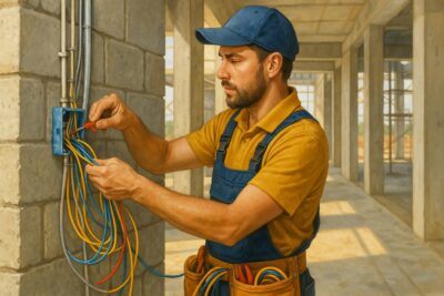 Montaje integral eléctrico en nuevas construcciones en Madrid 1 Electricista trabajando en el montaje integral eléctrico en nuevas construcciones en Madrid