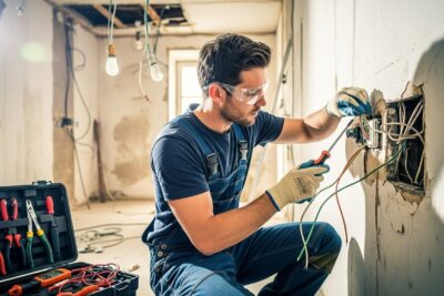 Renovación integral de instalaciones antiguas en Madrid 1 Electricista trabajando en una renovación integral de instalaciones antiguas en Madrid