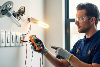 Revisión y verificación de instalaciones para garantizar el cumplimiento normativo en Madrid 1 Electricista trabajando en una revisión y verificación de instalaciones para garantizar el cumplimiento normativo en Madrid